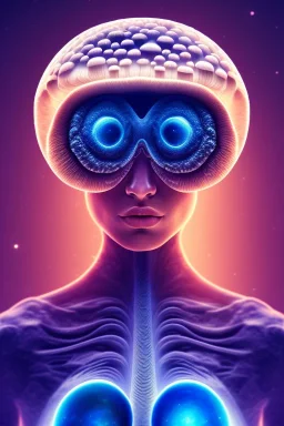 real human with mushroom head, meditating, universe, symmetry,