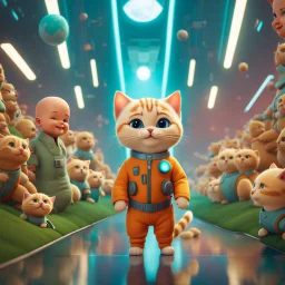 (masterpiece, best quality, 8k, RAW photo, beautiful and aesthetic:1.2), complex detail, Indirect light, photorealistic, (((full body))), Cosmic Boss Baby style smiling, bald, with a ginger cat companion, colorfull Sci-Fi environment