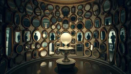 A circular room with walls completely covered with antique mirrors of different sizes and shapes. In the center, a pedestal with a glass sphere emits a soft, warm light. The reflections in the mirrors seem to show figures that are not present in the room.