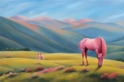 a pink horse in hills like a 19th painting