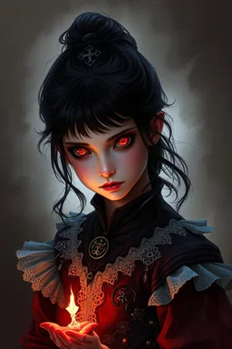 a vampire child, age 12, female, red eyes, pretty, fantasy, medieval