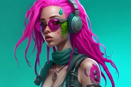 mermaid cyberpunk some fish scales on face pink hair dreadlock sunglasses entire body