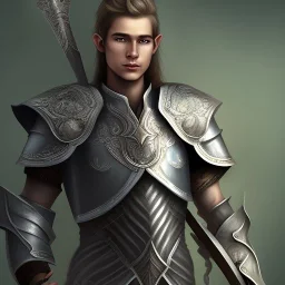 full portrait of a male elf fighter with full plate armor