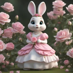 Create a cute bunny princess character that is adorably dressed in a gown filled with pink and white roses, realism style, Looking back over the shoulder, zbrush, 3d rendering, 32k uhd, 8k, HD