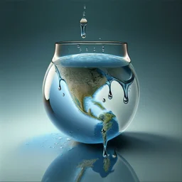 A cup of water from which drops of water in the shape of a globe