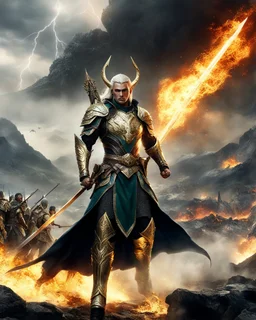 A length photography realistic details, of battlefield the Handsome King Guardian Elven,wearing dress luxurious steel armor decorative golden,running action hold sword as leader,he on bring and leading armys groups following from back side ,big mountain eruption blow fire background with epic lightning bolts in the sky and a dragon flying in the sky and some ruins in the foreground