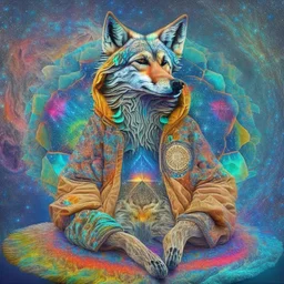 celestial psychedelic wolf made of fractals wearing a mexican jacket sitting on. giat mushroom in between stars