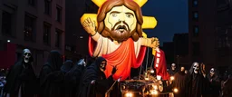 cartoonish jesus parade balloon pulled by multiple grim reapers, multi colored, bright, vivid, psychedelic, high detailed, high gloss, insanely detailed, matte, horrorcore, lining the street, unsettling contrast, monument to death, live action shot grim reaper parade, pulling a jesus parade float