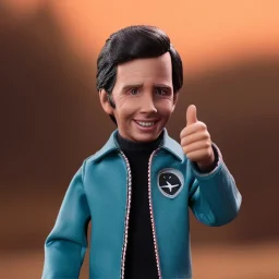 wide view young Plastic Fonzie with blackhair toy Action figure doll 1975 (thumbs-up) (face) Forehead grin, fonzarelli, jukebox background, eyes