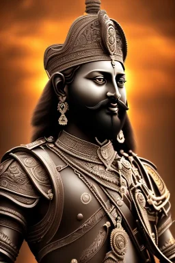 chhatrapati shivaji face, theme art, Dark moody night atmosphere, 8K, close-up face, anatomically perfect face,