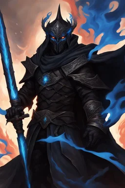 A warrior with a matte black combat helmet and eyes with bright blue flaming pupils, a black cape and a long coat with long combat boots and a long, sharp and fiery spear and with his helmet under A picture of hell with hellish people in tormenthis cape and two blue flames instead of eyes