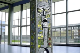 A gray giant and tall clock tower painted by Jean Dubuffet