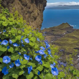 a cliff on the galapagos island, there are pretty blue and white morning glory vines with flowers grown up