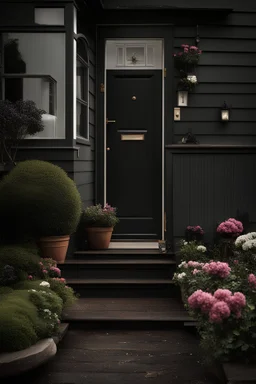 {{{{ ◙ }}}} black sky, soft black clouds, dark, deep contrast, • garden, fence, mailbox, letterbox, doorstep, door, front porch, porch, flower pots, pots, planter boxes, entryway, foyer, low stool, stool, garden bench, chair, butterflies, bees, flowers, water feature, wood hot tub, intricate background, stunning background, beautiful background, amazing background, no human, ■■ ((extremely delicate and beautiful)), ■■ {{{{dynamic lighting, ultra-detailed, best quality, 4k resolution illustration