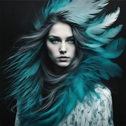 image of a girl, in the style of gossamer fabrics, liquid emulsion printing, dark cyan and dark black, trompe-l'œil illusionistic detail, wetcore, norwegian nature, fine feather and hair details