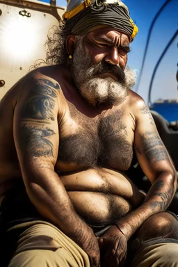 photography of An iranian offshore worker, shirtless, wearing bulging heavy-duty work pants and sturdy boots, sitting under the scorching sun on a merchant ship, man 66 years old, manly chest, muscular chubby , tattoo, curly beard, dirty, serious, long hair, ugly, big thighs, bullneck, big shoulders, photo realistic, photographic, super detailed, hyper realistic, UHD, frontal view , ambient occlusion