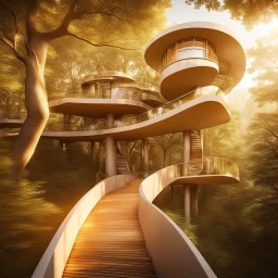 Four small residential tree house buildings with innovative architectural elements linked together by pedestrian bridges. They have a curved design and the ground below is inclined. He is made of glass, concrete and metal materials. one has a terrace, another balcony. The building is located in a forest environment. The sun's rays shine through the leaves of the trees.