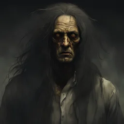 Large, horrifying, imposing, decaying man with jaundice, long black scraggly hair, torn clothing, white eyes.