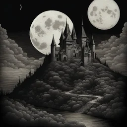 a visually striking picture, etched, black and white, a tall vampire castle on a hill with a full moon in the background. extreme detail, realistic, etching