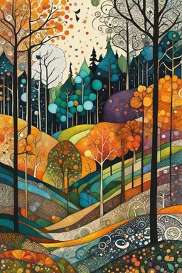 random color Zentangle patterns in the styles of Gustav Klimt ,Wassily Kandinsky, Paul Klee, and Kay Nielsen that depicts a a remote autumn forest glade, with fine ink outlining