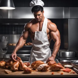 Hyper realistic very handsome shirtless muscular short black hair male chef cutting chicken in a dark kitchen