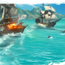 Two pirate ships fight each other at sea. Firing cannons. One ship is hit and burns after being hit.