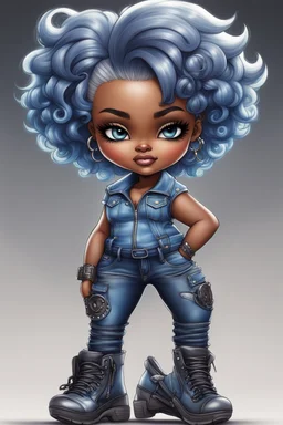 create an airbrush illustration of a chibi cartoon voluptuous black female wearing a blue jean outfit with biker boots. Prominent make up with hazel eyes. Extremely highly detail of a very low platinum blonde pixie haircut. Background of a bike show.