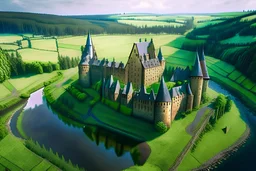 An enormous stoneblock castle with towers of various sizes and a quidditch stadium in the Ardennes region. A river flows in the valley between two radiant green hills. ultra detailed, ultra sharp, 16k, UHD, HDR, top-view, drone-view