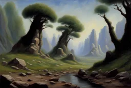 Rocks, trees, 2000's sci-fi movies influence, fantasy, friedrich eckenfelder impressionism painting