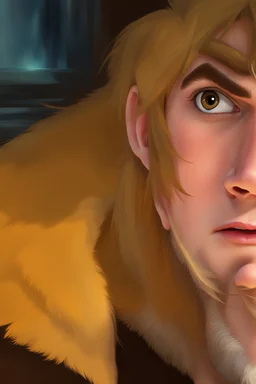 Redraw the cartoon character and fix the image resolution His hair is brown and long, but messy. His lips are closed, showing his bravery. His eyes are lined, showing his determination. He has shadows under his eyes, showing his stress and convert the drawing view 3D panel style digital Painting detailed with a panoramic scene Ultra-wide angle Highly realistic precise details Detailed