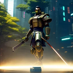 full body Cyberpunk Ninja wearing full samurai armor, a katana sword in each paw, golden ratio, no cut off, fake detail, trending pixiv fanbox, acrylic palette knife, style of makoto shinkai studio ghibli genshin impact james gilleard greg rutkowski chiho aoshima, dramatic lighting