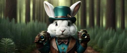 High-end hyperrealism epic cute fluffy rabbit hero holding a binoculars, Steampunk-inspired cinematic photography, symmetry forest alley background, Aesthetic combination of metallic sage green and titanium blue, Vintage style with brown pure leather accents, Art Nouveau visuals with Octane Render 3D tech, Ultra-High-Definition (UHD) cinematic character rendering, Detailed close-ups capturing intricate beauty, Aim for hyper-detailed 8K