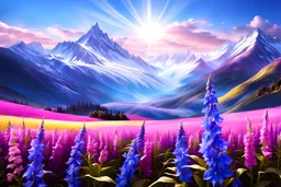 blue, pink, or gold light effects colors, magic fields with delphinium flowers around, blue, pink, and white mountains in the background, clear sunny light, highly detailed, high contrast, 8k, high definition, realistic, concept art, sharp focus