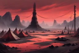 painting, landscape, artistic, illustration, artstation, black desert, black sand, bleak, pale red sky, large bustling camp, tall iron tower standing in the middle, tigtly packed leather tents, vereshagin style