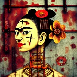 an abstract painting of rusted metal and flowers, Geisha portrait, rust, scaffolding, iron cladding, decay, mixed media, textured, anatomically correct, beautiful perfect face, sharp focus, highly detailed by Frida Kahlo 8k