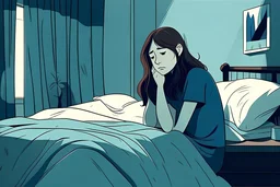 Ilustrasi gadis yang duduk di atas tempat tidur di sore hari. Wajahnya murung dan sedih.