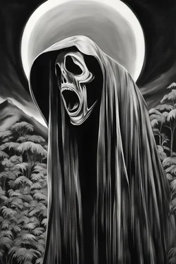Ghostface, Scream Series, negative black, white, and gray Speedpaint with large brush strokes, by Junji Ito