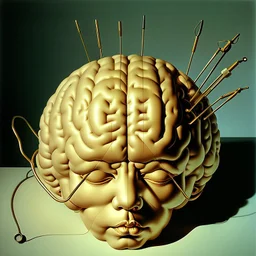 a huge golden inflated sculpture of brain supported by very small beautiful Asian female human bodies,complex surgical instruments,a newborn boy between light and shadow, black background,surrealism, symbolism, minimalism, sculpture by Lucian Freud, Rene Magritte, Salvador Dali