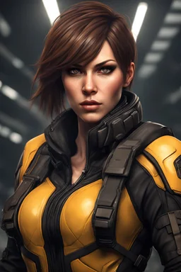 12k wallpaper of Arina- 34 years old woman, mercenery, fierce and stunning, Bobcut brown hair, athletic, wearing black tactical clothes in sci-fi world - HDR quality - trending in artstation, ultra realistic, highly detailed neck, highly detailed face