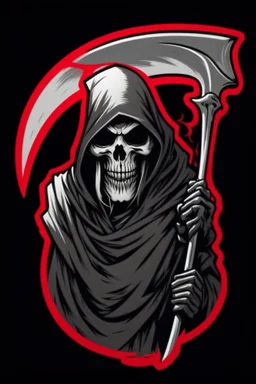 Grim-Reaper gripping scythe, vignette, black and white graphic novel style with a red outline, and black background, biker style