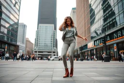 modern city a wide cross square a beautiful lady in nice pants and shirt pretty boots hip hop dancing city scape in background