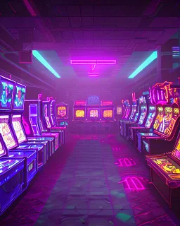 A dark photo of a full panoramic view an 80's aesthetics arcade at night, with a lot of functioning arcade machines, a vaporwave floor and some colorful tiles in between the floor. Purple aesthetics.