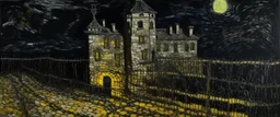 A brownish black chateau with a prison with chains at night painted by Vincent van Gogh