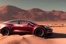 A Tesla 'Model Y' is parked, in the Mojave Desert. (CINEMATIC, WIDE ANGLE LENS, PHOTO REAL)