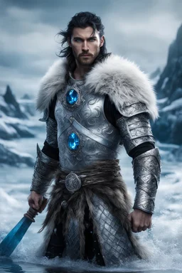 1 man. warrior, with blue eyes and black hair man in silver Viking armor with fur around the neck with blue crystal on his chest, standing in water in the artic, holding a ice axe, warrior in anime style,