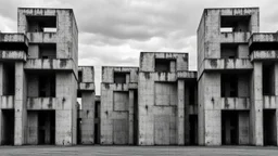 Fotografía arquitectónica en blanco y negro al estilo de Bernd y Hilla Becher: un conjunto de torres brutalistas de hormigón visto, idénticas y repetidas, bajo un cielo plomizo, con pasarelas elevadas y ventanas profundas. Enfatiza la textura rugosa del cemento, las sombras duras y la simetría opresiva, incluyendo una figura humana diminuta para dar escala y soledad.