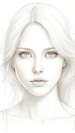 A beautiful face of woman all white skin, white eyes, white hair on a white background, pencil drawing style