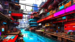 Water-level view of buildings made of reused dirty rusty metal next to futuristic canal junction, cyberpunk, many painted colours, flying boats, balconies, bridges, people, shopping, eating, walking, fifth element, ghost in the shell, altered carbon, Ian McQue, lineart and watercolour