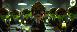 in the style of fallout 4, A close up portrait of one person in group of glowing, cartoonish uranium creatures in a dimly lit boardroom, wearing tiny suits and glasses, with playful but slightly mischievous expressions. Their bodies emit a soft greenish glow. The room is filled with scattered papers, glowing vials, and miniature nuclear reactors. Style: whimsical digital illustration, cinematic lighting, colorful, slightly exaggerated features, playful yet mysterious atmosphere.