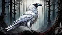 a white raven with prismatic feathers in a dark forest in the style of, gore, horror, eerie, dark fantasy; HDR, UHD, TXAA, Ralph Steadman, Seb Mckinnon, impressionism, dadaism, surrealism